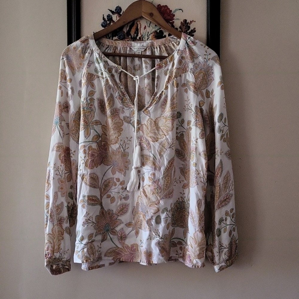 Lucky Brand Floral Print Peasant Style Blouse with Tassels